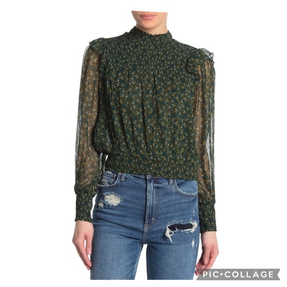 Free People Roma Forrest Green Floral Smocked Mock Nwck Tie Back Blouse Size M - Picture 3 of 13